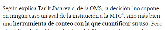 Así que, cuando la lían metiendo hace tres años la acupuntura en la nueva "Clasificación Internacional de Enfermedades", les toca salir al paso con declaraciones como esta y decir que lo que pasa es que, como la MTC se usa mucho, no ven bien no recogerla:  https://elpais.com/elpais/2019/01/15/buenavida/1547565209_179217.html