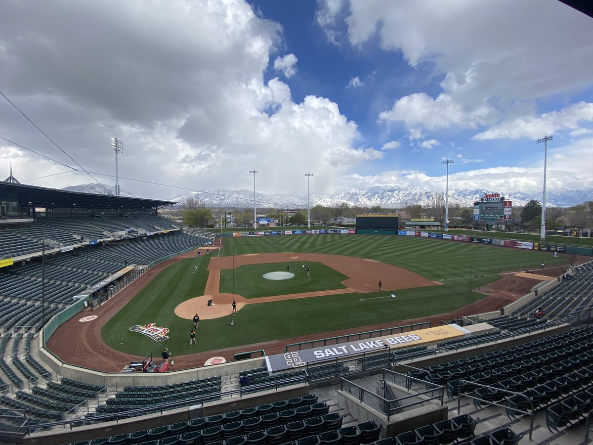BradyJBrown's tweet photo. It’s a bit brisk but the view is undefeated! Also the @SaltLakeBees are 4-2. #bestviewinbaseball Home Opener Double-Header begins at 4:05 MDT. https://t.co/qt0FpXx8Dt