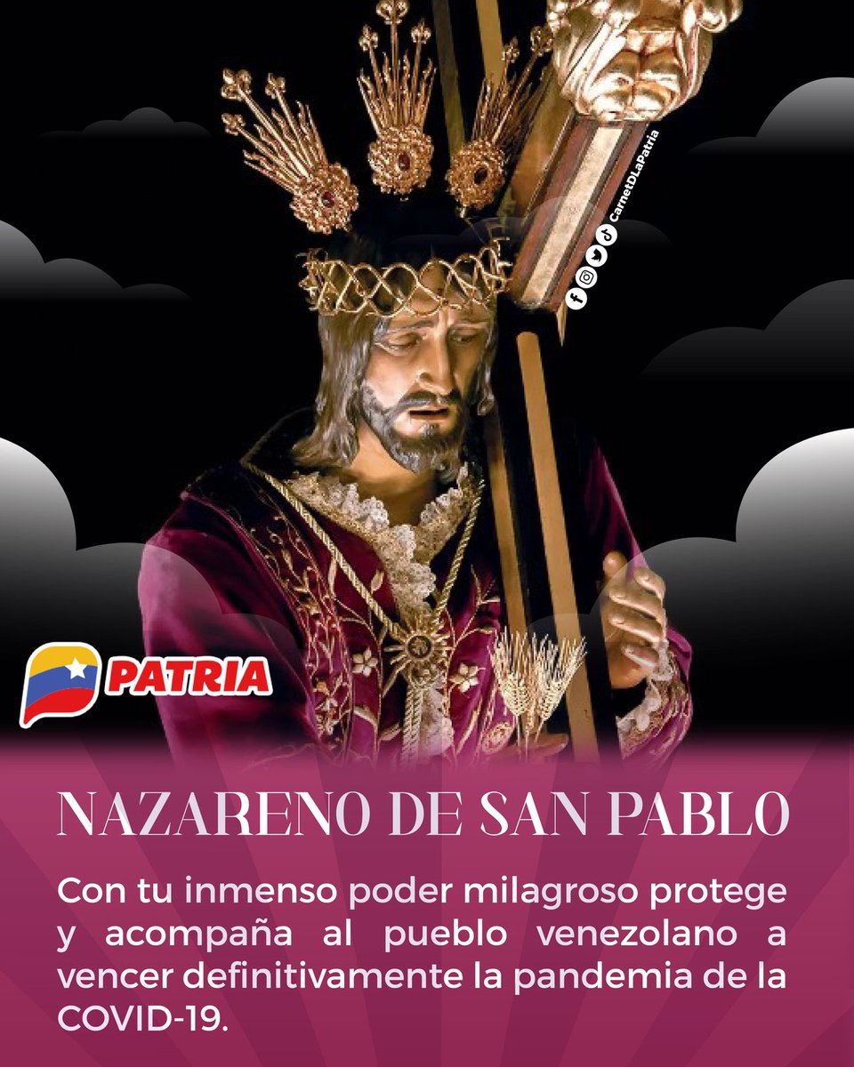 Nazareno de San Pablo, con tu inmenso poder milagroso protege y acompaña al pueblo venezolano a vencer definitivamente la pandemia de la Covid-19. 
¡Bendice siempre a Venezuela!

#SistemaPatria
#13ARevoluciona #13Abr