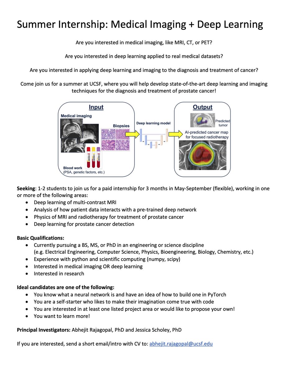 absudabsu's tweet photo. 🚨Looking for 2 interns THIS summer to work on #DeepLearning + #MedicalImaging for prostate cancer detection + treatment at @UCSF!

If you have ANY interest in data-driven #CancerResearch, we’d love to hear from you!💡👩🏻‍💻👨🏽‍💻

Co-advised by me👨🏽‍🔬+ @Jescholey👩🏼‍⚕️

@UCSFimaging @UCSF_Ci2 https://t.co/0ReKYI2qCx