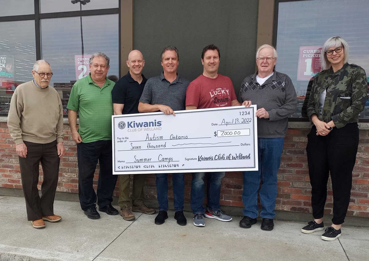 The Kiwanis Club of Welland made a donation to Autism Ontario to sponsor their summer camps in Welland. Receiving the cheque is Chrissy Sadowski from Autism Ontario.  Pictured are club members Bob Wylde, Vince Bellantino, Scott Root, Mike Gowan, Paul Gowan and Fred Sullivan.