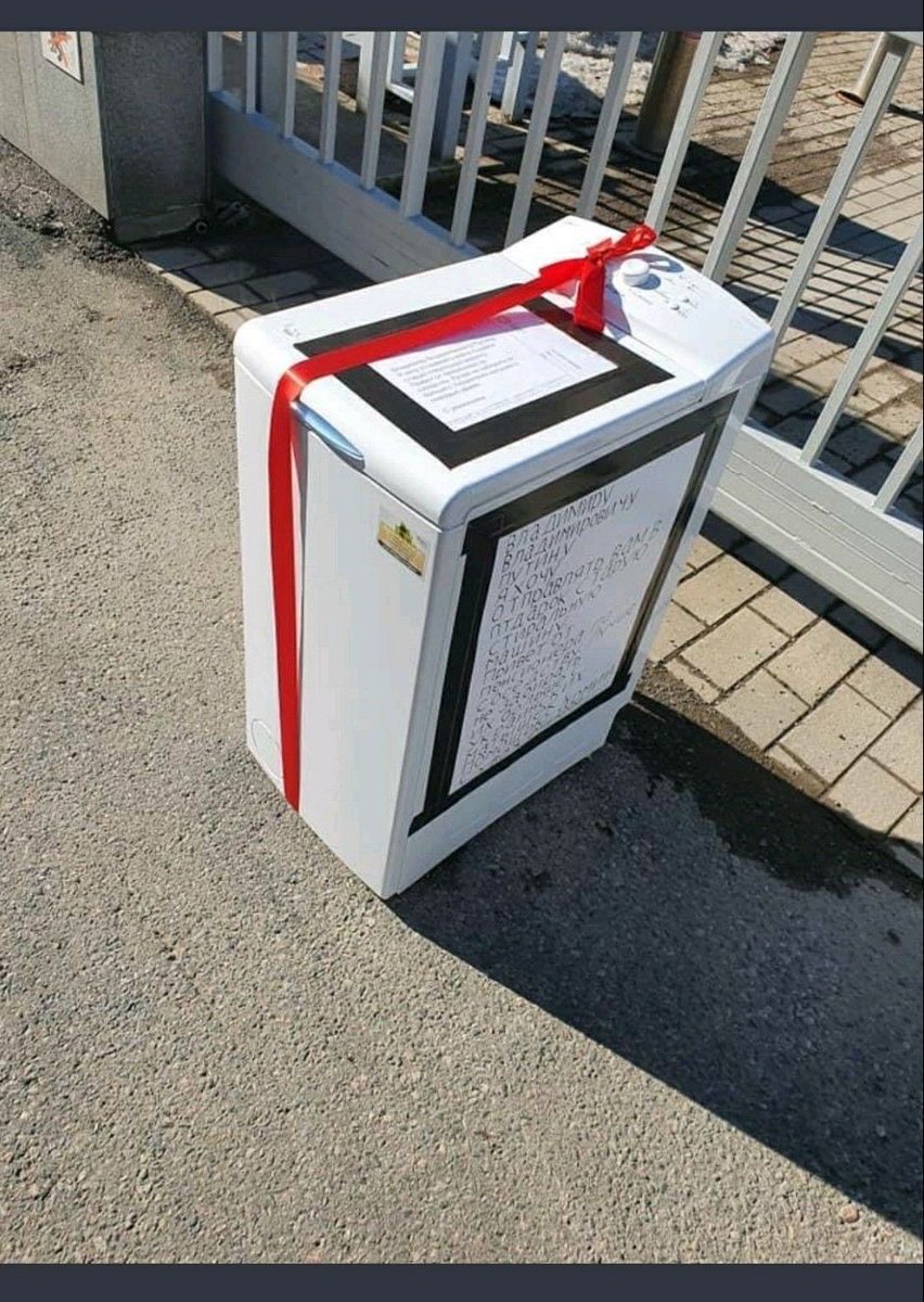 “Somebody has put a washing machine in front of the Russian embassy in Helsinki. The note said: 