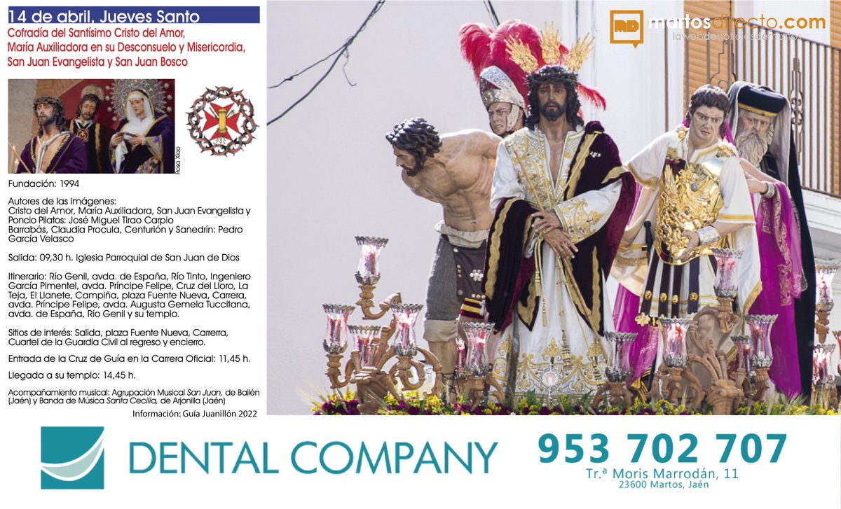 ⚪️🟣 INFORMACIÓN SSANTA 2022|| Os dejamos con los horarios y recorrido de la Cofradía del Santísimo Cristo del Amor, María Auxiliadora en su Desconsuelo y Misericordia, San Juan Evangelista y San Juan Bosco, que tiene programada su salida en la mañana de Jueves Santo.
#Martos