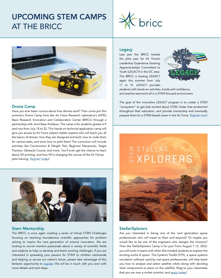 AFOSR's tweet photo. There are many exciting STEM camps/mentorships coming up in the NCR this summer! All of these camps will be hosted @vtarcBRICC. @AFResearchLab #Science #Technology #Engineering #Mathematics #STEM #AFOSRSTEM #STEMeducation #STEMcamps πΈ #STEMrocks https://t.co/jbmLd2ODWK