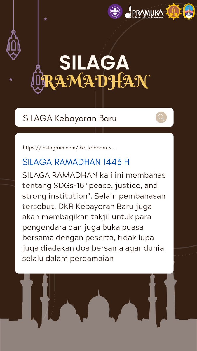 Salam Pramuka 
🔅SILAGA (Diskusi Bulanan Penegak &amp; Pandega) Edisi Ramadhan🔅
SILAGA kali ini secara LURING. Maka dari itu kami DKR Kebayoran Baru turut mengajak kakak - kakak untuk bergabung dalam kegiatan ini. 

Link daftar: forms.gle/ahyDeNAF6rUMiZ…
(Klik link di bio kami)