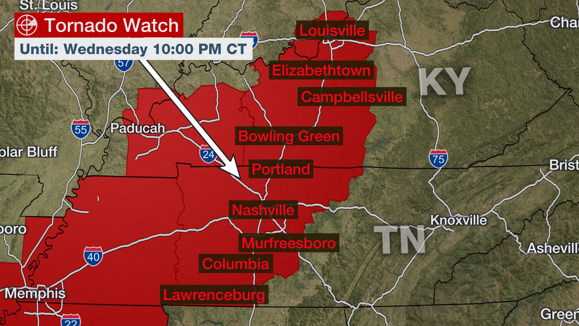 The Weather Channel on Twitter: "#Tornado watch issued for parts of  Kentucky, Tennessee, and southern Indiana until 10pm CDT. Scattered  damaging winds up to 80 mph are likely, and quarter sized hail