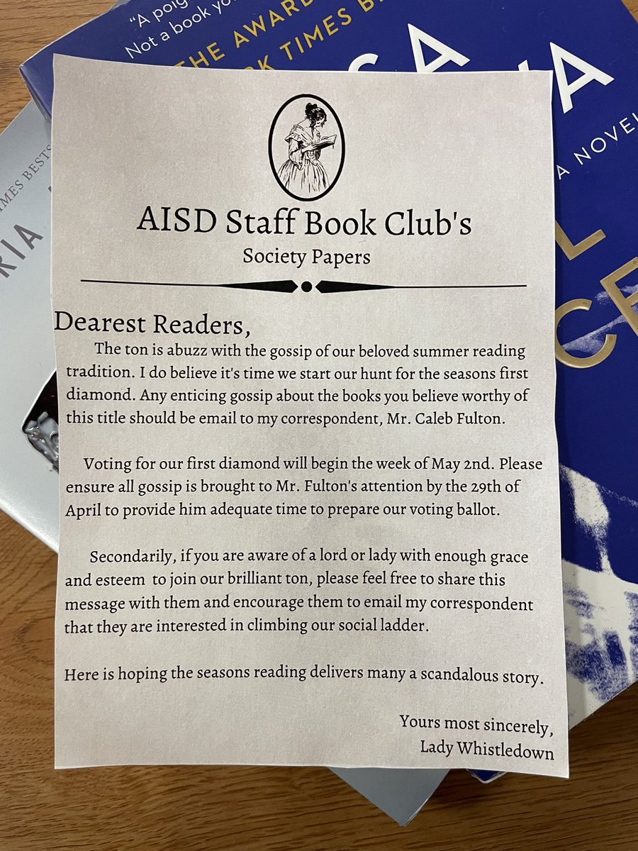 CRreads's tweet photo. Have you heard the rumors? The AISD Staff Book Club is on the for our first book of the summer! Email me if you are interested in joining! 
#AlvaradoReads 
#AlvaradoExcellence
#LadyWhistledown
#Bridgerton https://t.co/gC6sUXBS2q
