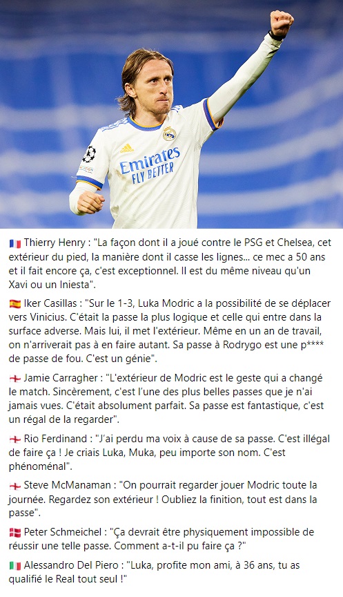 Les légendes du foot ont rendu un hommage mérité à Modric après son match monstrueux face à Chelsea 👏❤️