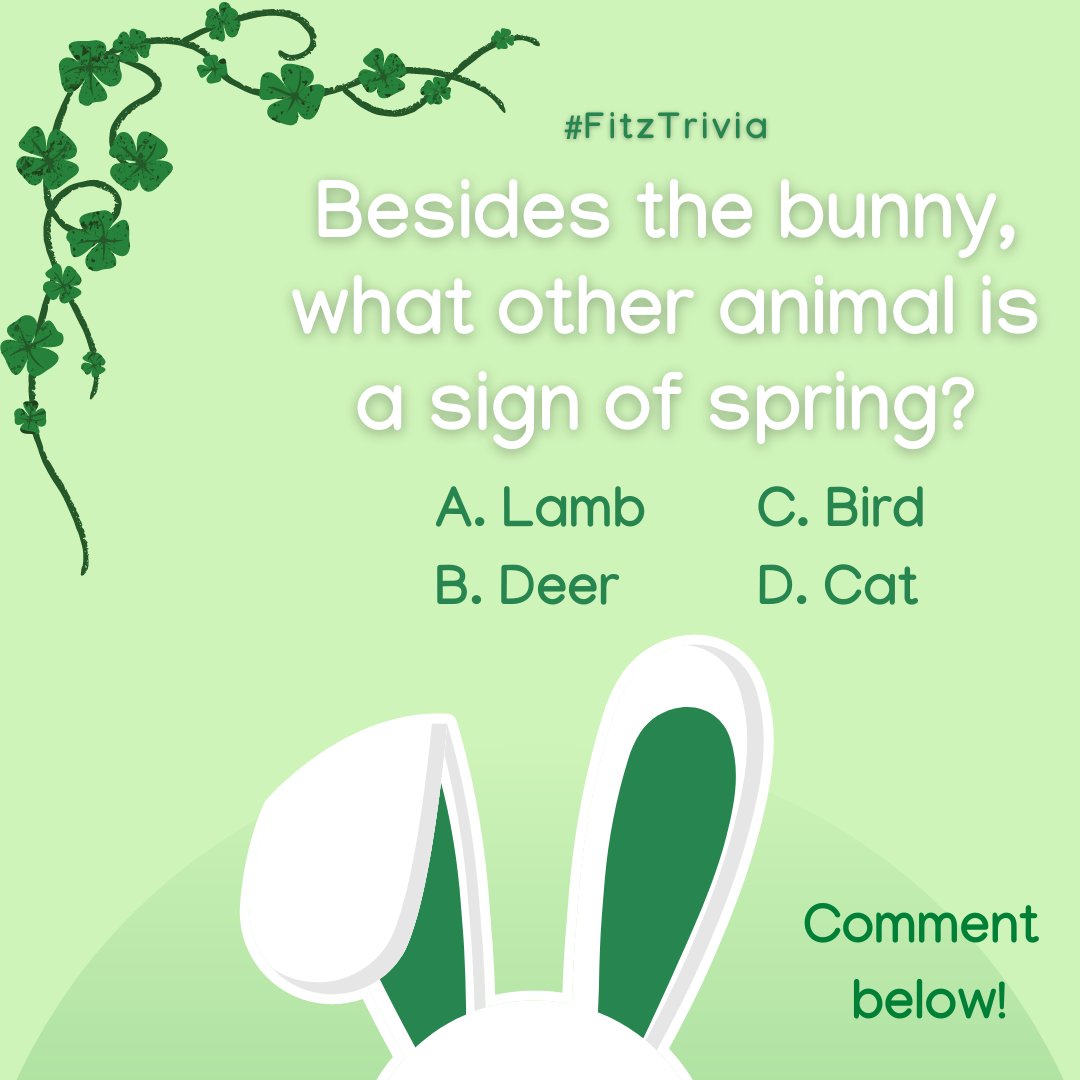 FitzCasinoMS's tweet photo. We know the bunny hops its way into springtime, but do you know what other animal is a sign of spring? Give us your best guess! 🐰

#luckliveshere #fitztrivia #springtrivia #eastertrivia #springanimals https://t.co/W4OOYpIMiD