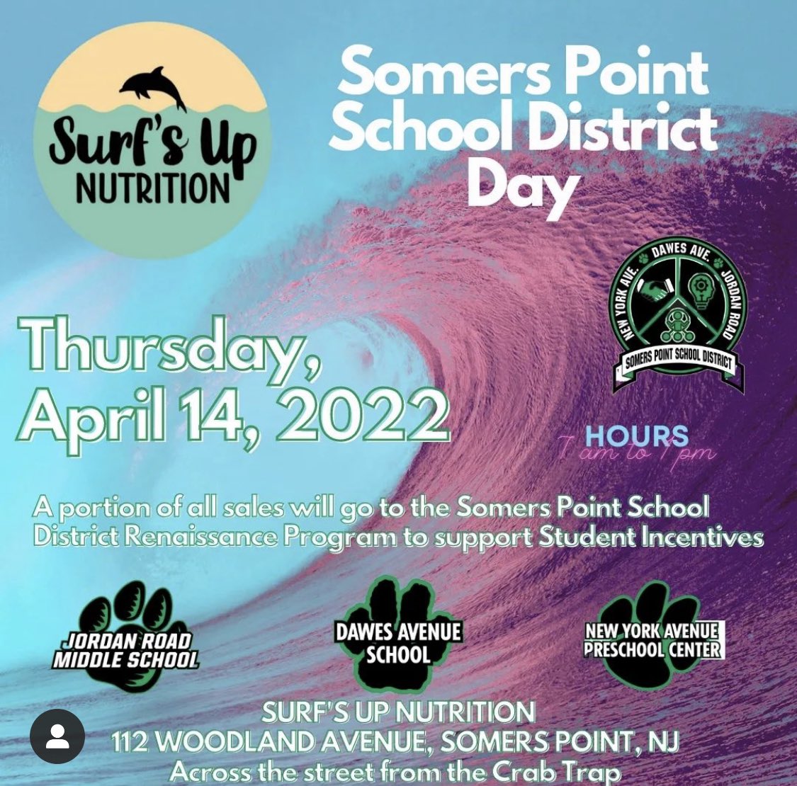 spsSTRONG's tweet photo. April 14, 2022, is the day to help support Somers Point School District with the Jag Shake at Surf’s Up Nutrition!! https://t.co/RBmTPVYUme