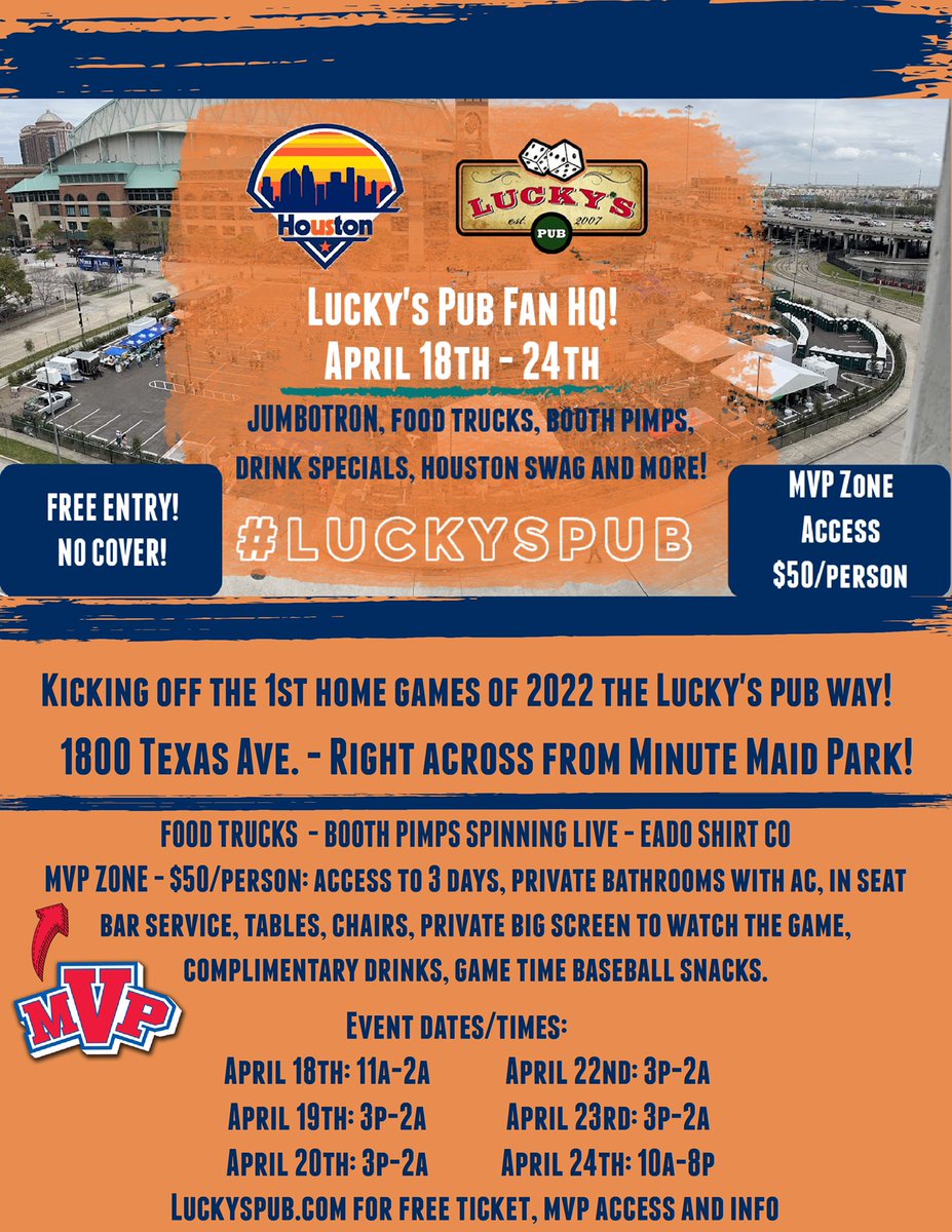 April 18th -24th we’re partying for the 1st home games of the 2022 season! FREE FREE FREE! <a href="/BoothPimps/">BoothPimps</a> spinning live, <a href="/HeberLinares/">Heber (ey•bear) 🇵🇷</a> with #EadoShirtCo, drink specials, food trucks and the JUMBOTRON! luckyspub.com for free ticket and info!