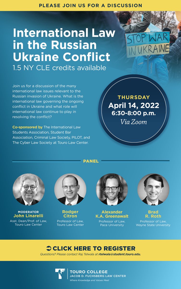 Looking forward to tomorrow's panel discussion on Russia's aggression in Ukraine, hosted virtually by Touro Law.  CLE credit available if you need it!