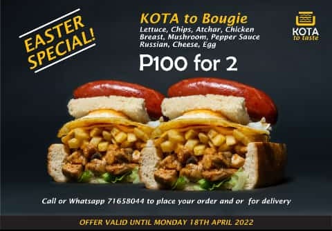 KotaToTaste's tweet photo. EASTER HOLIDAY PROMO‼️

Get 2 x Kota to Bougie for only P100. Normal price P60 each.
☎️ Call or Whatsapp 71 658 044 to place your order or visit our stall in Ledumang.

Follow the link below for directions
https://t.co/BHUVcnDYbP

#kotatotaste #forbes30under30 #Gaborone #PushaBW https://t.co/hpsFV6mWXu
