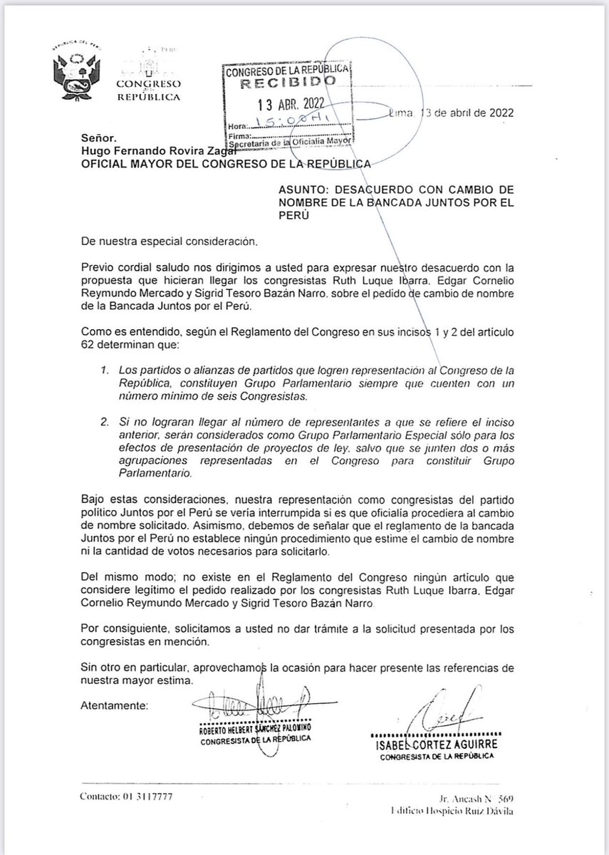 Nuestros congresistas <a href="/RobertoSanchP/">Roberto Sánchez Palomino</a> y <a href="/chabelitacongre/">Isabel Cortez</a> envían oficios al oficial mayor del <a href="/congresoperu/">Congreso del Perú 🇵🇪</a> para trasmitir su oposición al cambio de nombre de la bancada Juntos por el Perú que en elecciones recibió la confianza 
de más de un millón de peruanos y merecen respeto.