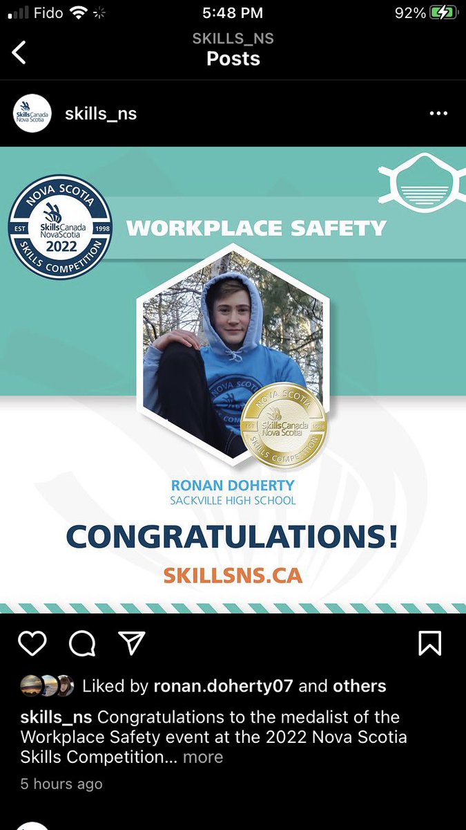 Congratulations to first timer Ronan Doherty, one of our very own @SHS_Kingfishers, for earning the gold medal in @Skills_NS Workplace Safety competition. Way to go, Ronan! #risktaker #Courage #leanin #coopertiton