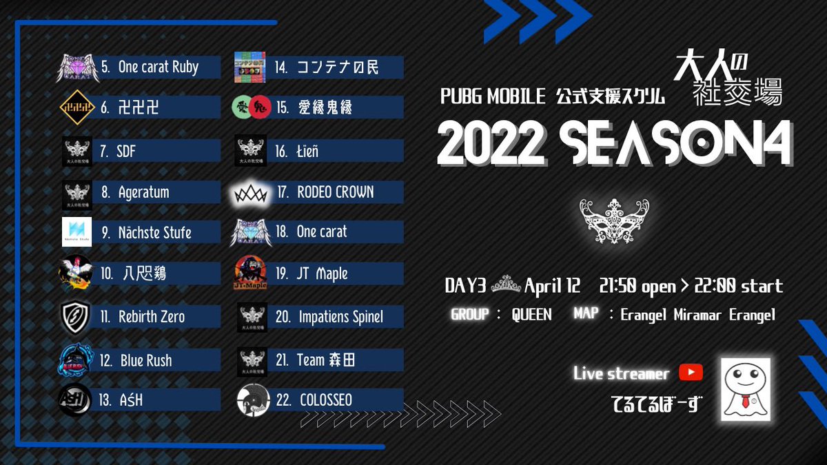 pubgmtaka's tweet photo. 大人の社交場season4今日からキンググループとクイーングループに分かれての戦いが始まります！
新進気鋭のチームが勝つのか？常連チームが勝つのか？
と、いう目線で見るのも楽しいです。

#大人の社交場 https://t.co/Pf1eWUSx7f