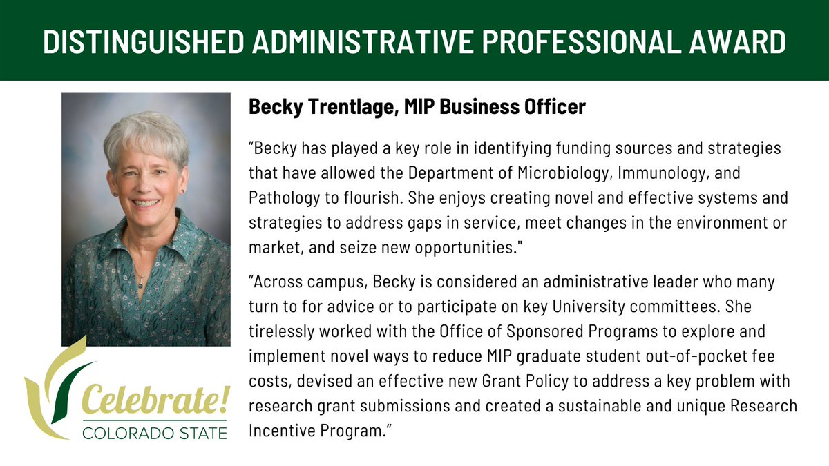 CSU_MIP's tweet photo. 👏Congratulations to Becky Trentlage, #MIP Business Officer, for receiving a Distinguished Administrative Professional Award in recognition of meritorious and outstanding achievements at @ColoradoStateU! Read what her nominators said below. 

#CelebrateCSU #DAPA #AdminPro #Leader https://t.co/2UrR8nQn1F