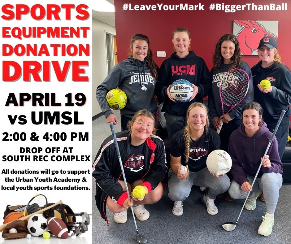 Next Tuesday, April 19th bring old sports equipment to South Rec Complex during our games against UMSL to help support local youth sports organizations⚽️🏀🏈⚾️🥎🎾🏐!! #biggerthanball #jenniessoftball