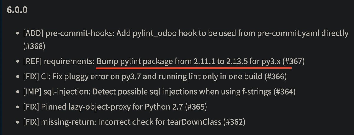 moylop260's tweet photo. pylint_odoo 6.0.0 released
https://t.co/t9POyyezVn

Bump version of pylint from 2.11.1 to 2.13.5
 - https://t.co/4mcSSCSv4G

Use `pylint_odoo` hook pre-commit 
 - https://t.co/Wl6COsksl3

and more... https://t.co/ZvR63LaxqP