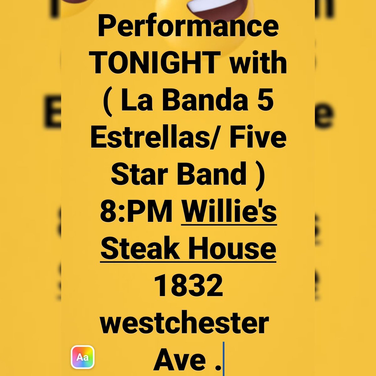 ECSALSERO's tweet photo. #join #tonight #wednesday @bandacincoestrellas @williessteakhouse https://t.co/UHXHohWSuK