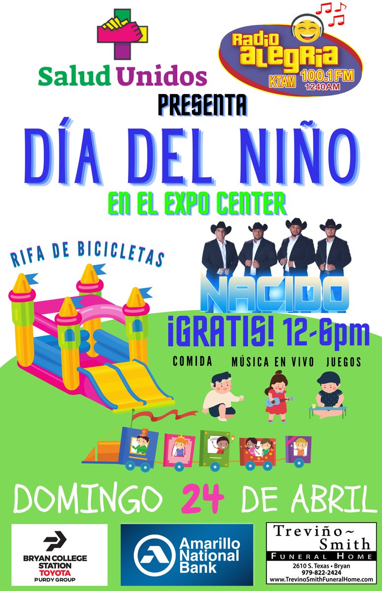 Haz planes para acompañarnos al gran dia de fiesta con tu familia y amigos! 
DIA DEL NIÑO 2022
Este Domingo 24 de Abril 
GRATIS de 12-6PM 
Actividades para los niños, musica en Vivo🎶
Diversion para toda la familia!
📍 Expo Center 
5827 Leonard Rd, Bryan, TX 77807