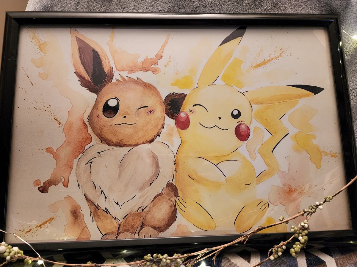GTWheaties's tweet photo. Sara is painting again! She has made prints of this water color painting she did of Eevee and Pikachu. 
Let me know if you’re interested. She wants $20 free shipping. The size is a 12x18 https://t.co/DMxwE6oXnN
