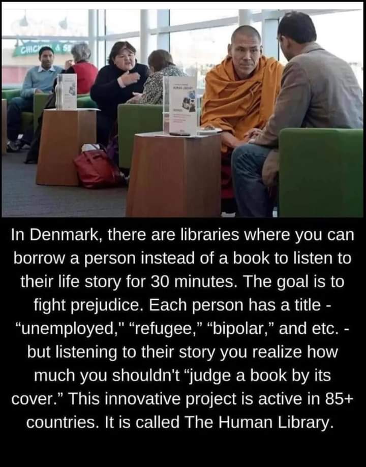 Humilitarian's tweet image. The organisation uses a library analogy of lending people rather than books. They "experienced prejudice, social exclusion or stigma," and participants can ask them questions so as to "learn about the other person and also challenge their own prejudices @humanlibrary #Understand