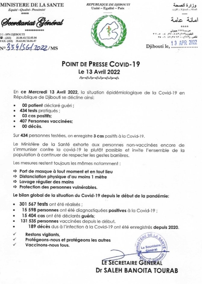 MinSantedj's tweet photo. 13 AVRIL 2022

POINT DE PRESSE SUR LA SITUATION ÉPIDÉMIOLOGIQUE DE LA COVID19 PAR LE SECRÉTAIRE GÉNÉRAL DE LA SANTÉ Dr SALEH BANOITA TOURAB.

#RamadanMubarak

#RestezVigilants
#Testezvous 
#vaccinezvous
#COVID19DJ
#OmicronVariant
#variantdelta 
#Djibouti https://t.co/uCdh5VYve4