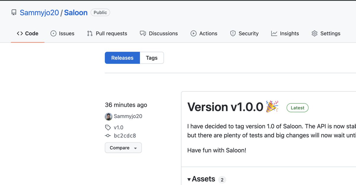 carre_sam's tweet photo. Just a quiet release tonight, no changes but I thought I'd tag v1.0 of Saloon 👀

It's changed and morphed quite a bit throughout v0.0 but I am really happy with this as the first version. I have also decided to keep PHP 8.0 as the minimum with the view of v2 being 8.1 miniumum. https://t.co/v9VJRKI3kX