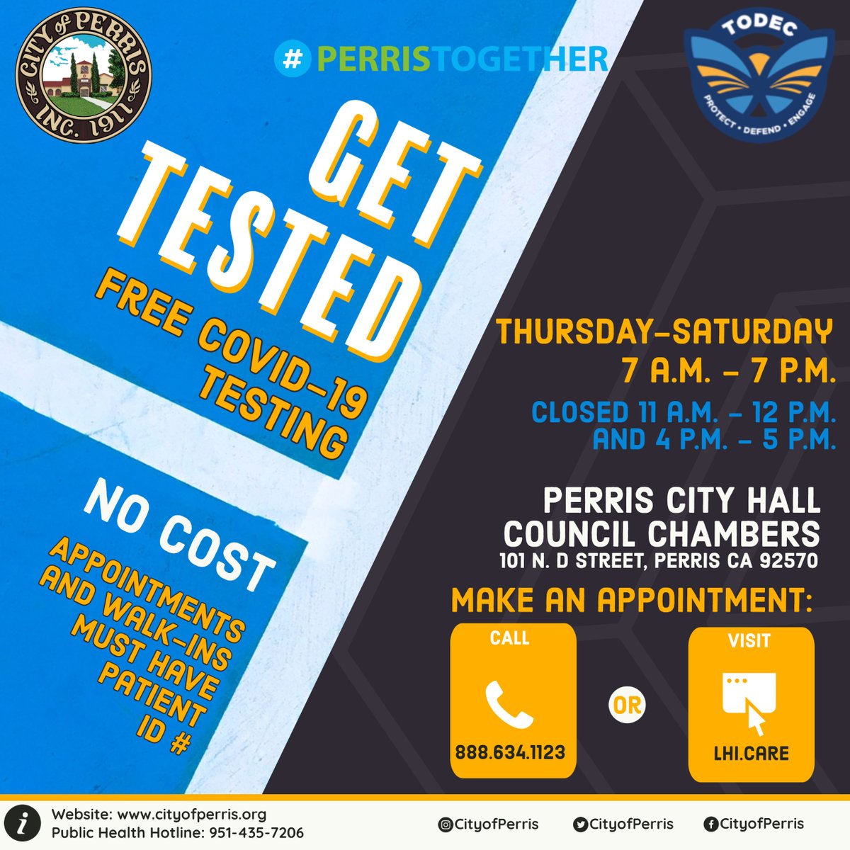 CityofPerris's tweet photo. The COVID-19 Testing Site now offering antigen tests in addition to PCR testing. The site is located in the Perris City Council Chambers and is open Thursday through Saturday 7am-7pm. 
#PerrisTogether https://t.co/QQxdC7Pwhq