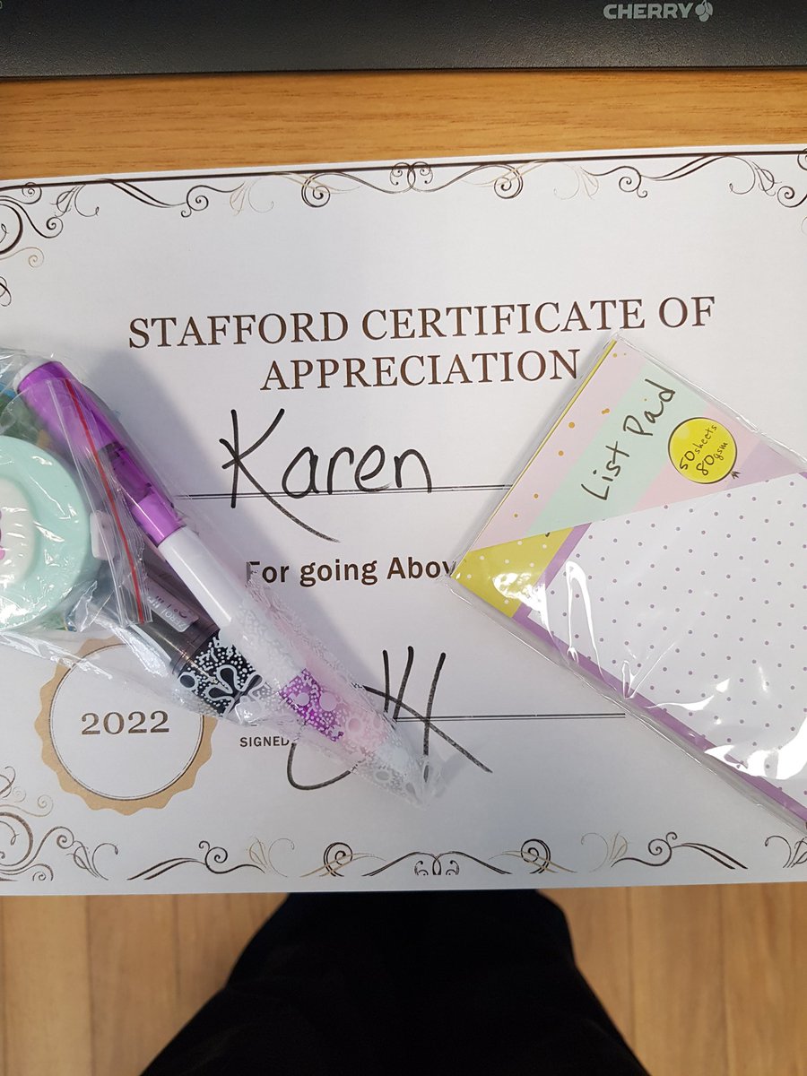 JacquiH077's tweet photo. Stafford suites senior HCA, Karen. Always Above &amp; Beyond for both ward &amp; team support. Well deserved certificate &amp; gift bag 👍🌟👍🌟👍🌟 https://t.co/hwZHFDfCDS