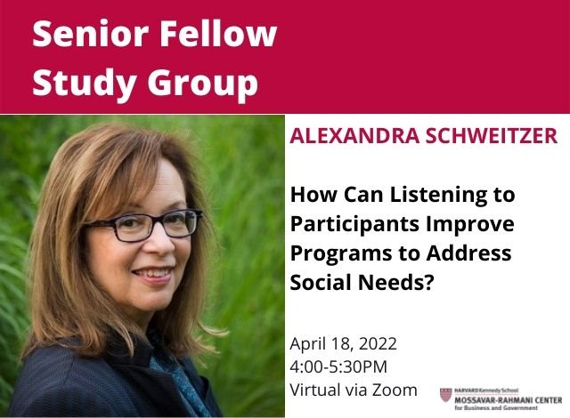 HarvardBizGov's tweet image. Study Group: How can listening to participants improve programs to address social needs?

4/18/22
4 - 5:30 PM EST
Virtual

W/ @ahs123, Alex Denniston &amp;amp; @justindlai

hks.harvard.edu/events/study-g…