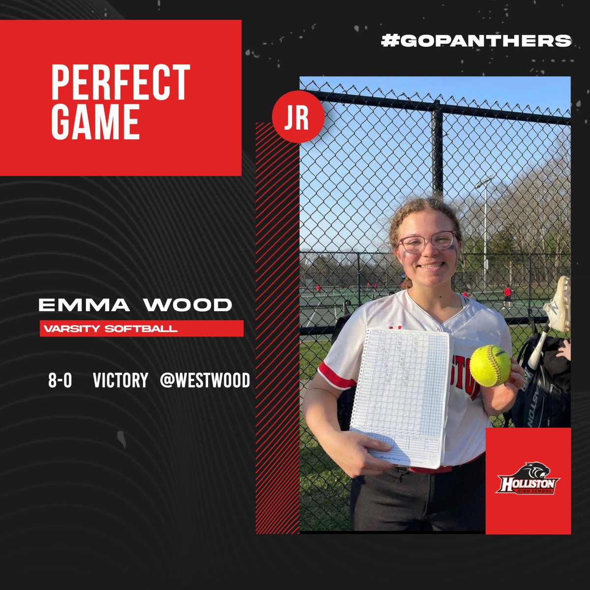 Emma Wood goes perfect as she throws a no hitter in a 8-0 win over Westwood this afternoon. Congratulations Emma! #GoPanthers