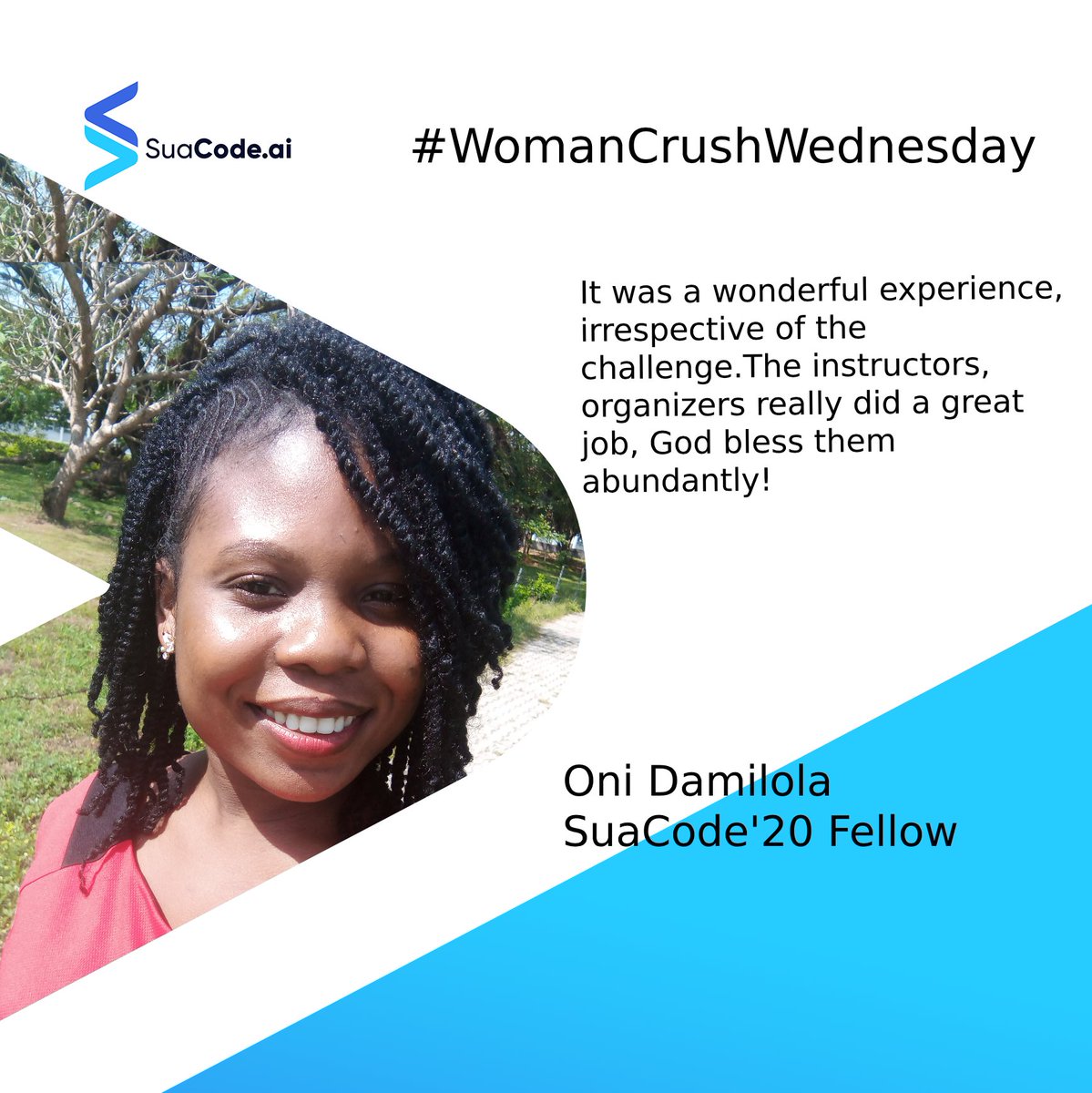 suacodeai's tweet photo. Our #wcw for this week is Oni Damilola, a #suacode 2020 fellow. 

#suacodeai #womancrushwednesday #africatech #edtech #100daysofcode #computer #coders #Nigeria https://t.co/w6rWWLVIjU