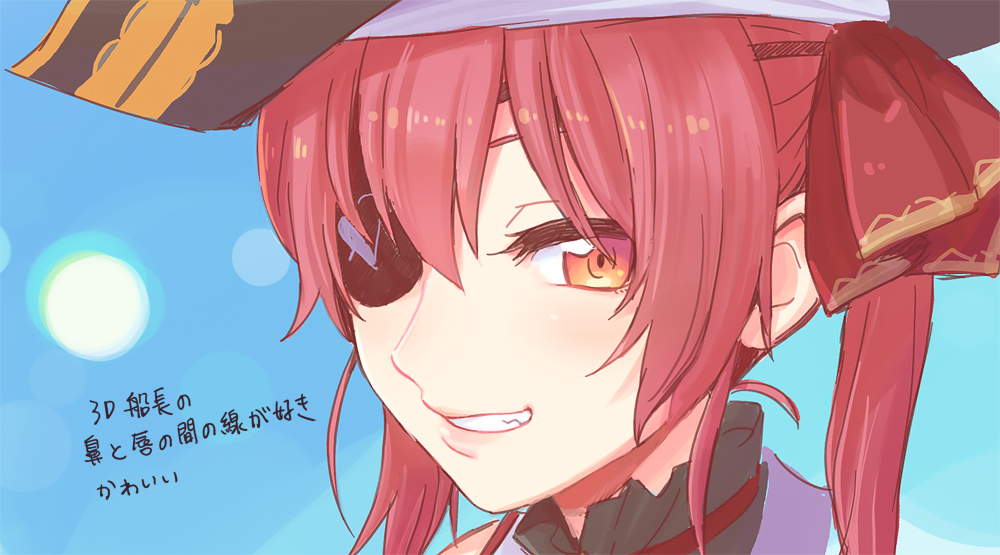 houshou marine 1girl eyepatch solo red hair smile hat twintails  illustration images