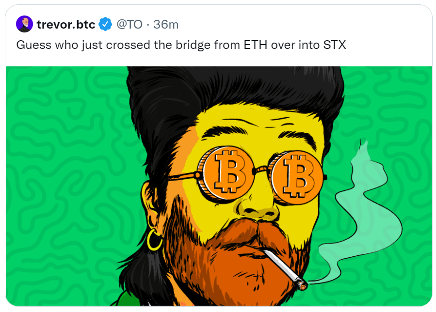 Epic News! 🔥

<a href="/TO/">trevor.btc</a> has been with us since at the start! He minted this bad boy exactly 249 days 7 hrs ago! 

It has now made it's way back home to #Bitcoin via <a href="/Stacks/">stacks.btc</a> 🎉

Have you used <a href="/stacksbridge/">Stacks Bridge</a> yet? 👀

Learn more: join.satoshibles.com

-
#BTC #ETH #NFTCommunity #satoshi