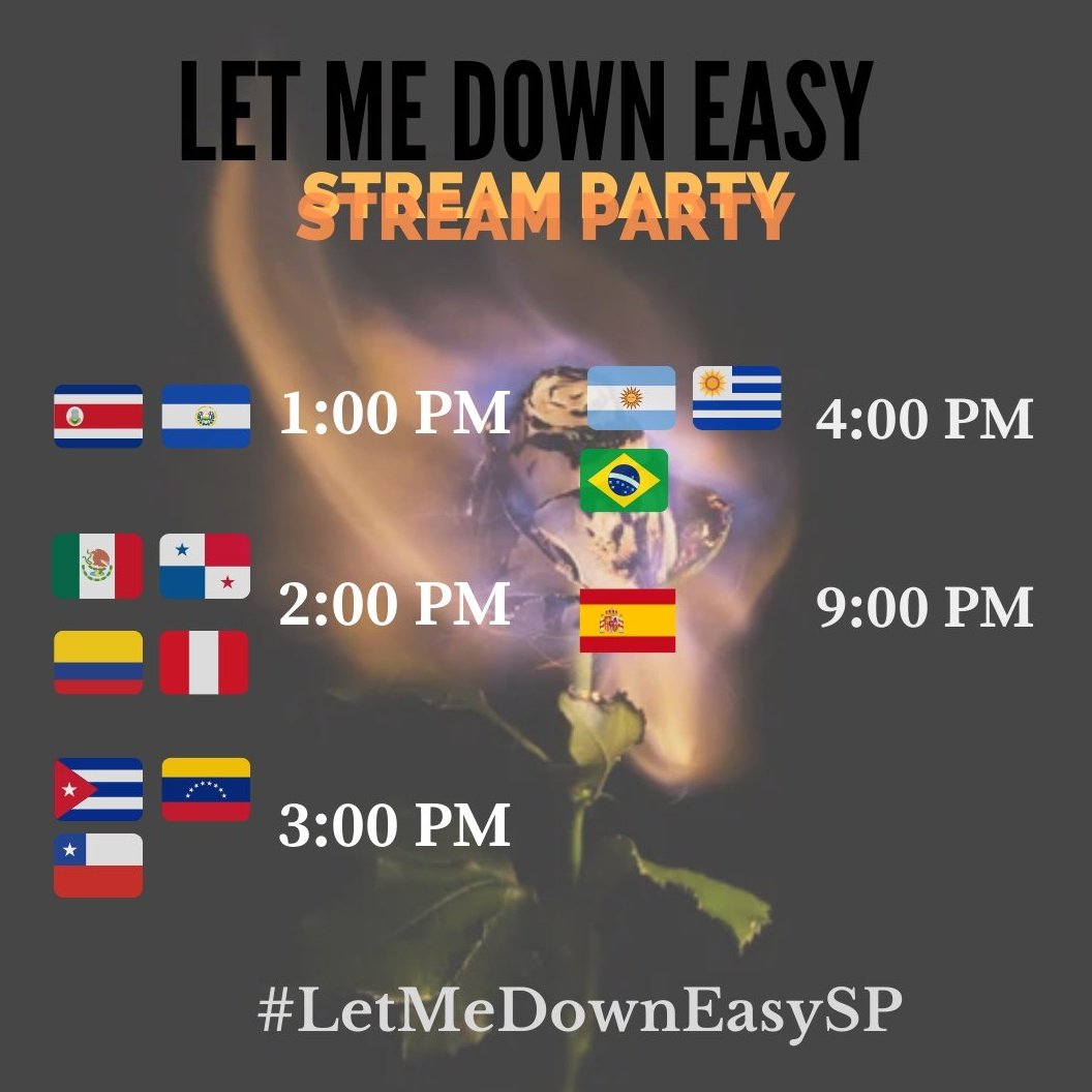 📢 ¡Stream Party mañana a las 4pm hora Argentina!

Como sabrán, las primera 24hs y primer semana son importantes, así que vamos a demostrar nuestro apoyo haciendo stream y comprando la canción. 
Utilizaremos #/LetMeDownEasySP

*RT para difundir.
