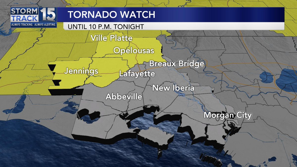 OlgaBreese's tweet photo. #TORNADO WATCH until 10 P.M. for #ACADIA, #EVANGELINE, #ALLEN, ST. LANDRY and JEFFERSON DAVIS parishes. Approaching cold front stirring up scattered showers/storms, Some could produce damaging #winds, tornadoes, #hail, and #flooding. #stlandry #jeffersondavis #louisiana #lawx https://t.co/CxJmaOqD0B