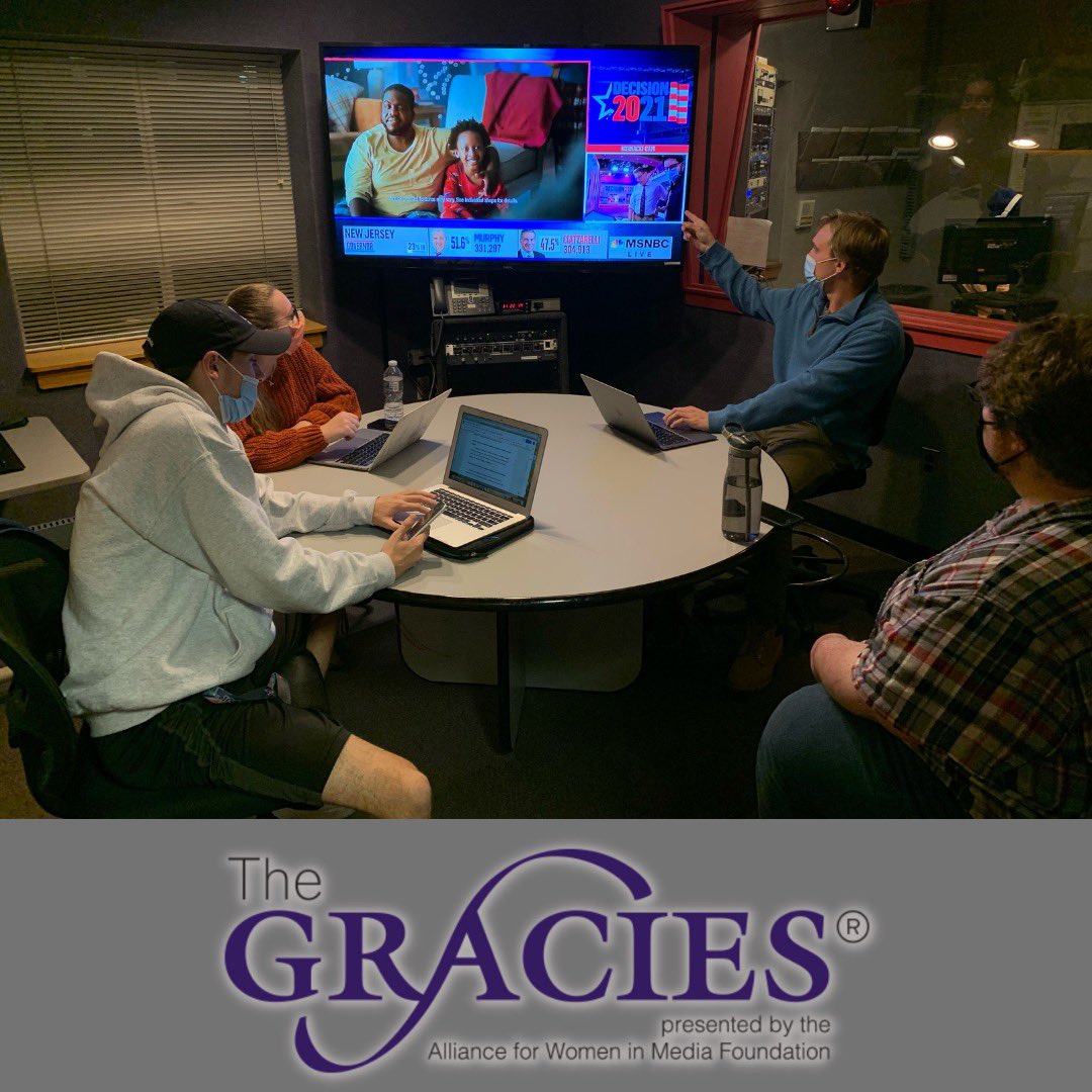 RowanRadio's tweet photo. Congratulations to #RowanRadio News Director Allison Bruce and the Rowan Radio News Department on winning a Gracie Award from @AllWomeninMedia on Wednesday! The Rowan Report Election Night Special won in the Public Affairs student category. #TheGracies https://t.co/4oYGRHWwQs