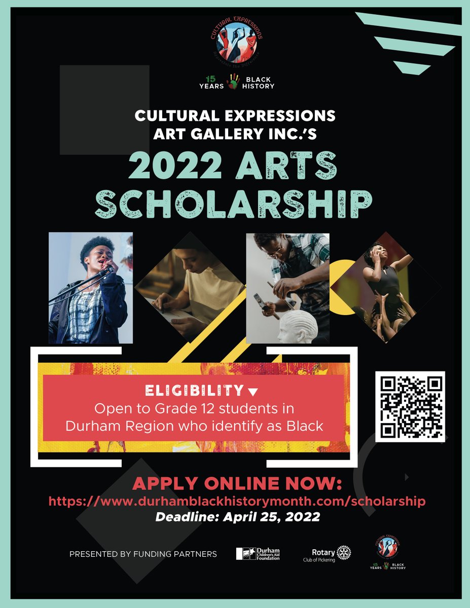 RotaryPickering's tweet image. The 2022 Cultural expression Art Gallery #ArtScholarship is back! 

This scholarship is open to all grade 12 students in #DurhamRegion that identify as black, who are studying the arts in a Canadian College, or university. 

Application deadline is April 25th!
