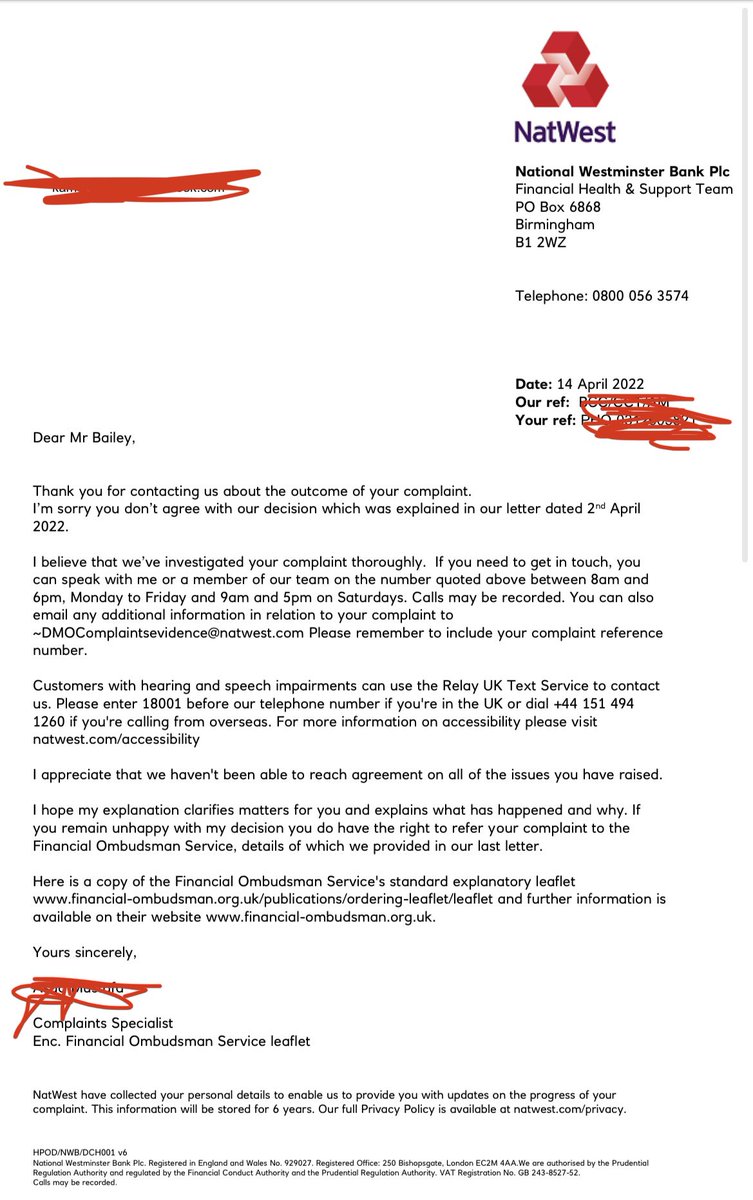 kameronmbailey's tweet photo. As far as @NatWest_Help go, this is the most piss poor complaint resolution letter I have ever read in my life. Totally unacceptable @financialombuds @TheFCA … I think it’s time for legal involvement 🤔 #natwest #natwestsucks #frauds #liars https://t.co/kWXqnROEvy