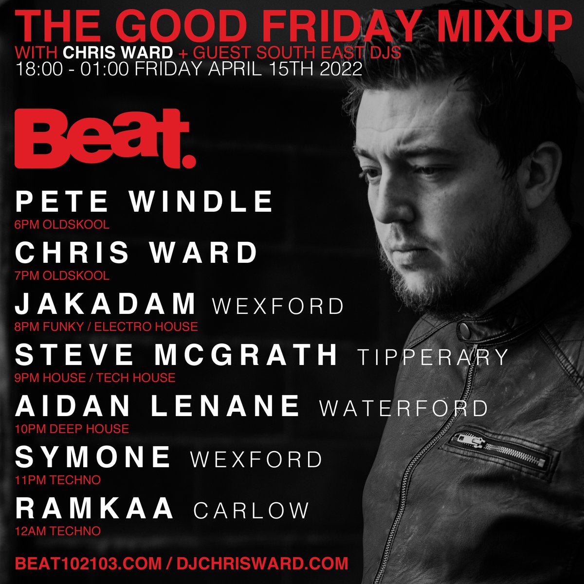 The #easterbankholiday weekend is set for Launch from 6pm on Friday with The Good Friday Mixup on <a href="/beat102103/">Beat 102 103</a> with guests Pete Windle, <a href="/JakadamD/">Jakadam DJ</a> <a href="/djstevemcgrath/">Stíofán MacCraith</a> Aidan Lenane, Symone &amp; Ramkaa dishing up #oldskool #housemusic #trance &amp; #techno from 6pm. 
djchrisward.com/latestnews/the…