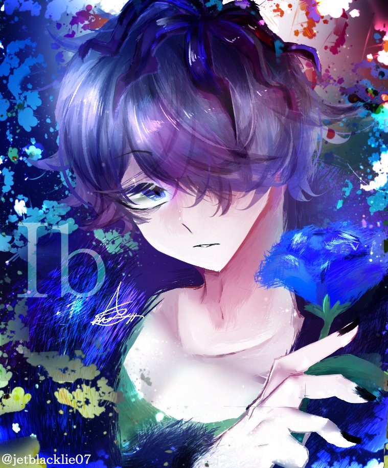garry (ib) 1boy flower male focus hair over one eye blue flower solo purple hair  illustration images