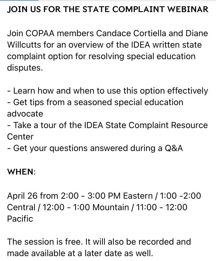 Free webinar from <a href="/COPAA/">COPAA</a>  𝗧𝗛𝗘 𝗦𝗧𝗔𝗧𝗘 𝗖𝗢𝗠𝗣𝗟𝗔𝗜𝗡𝗧 𝗪𝗘𝗕𝗜𝗡𝗔𝗥
Join COPAA members Candace Cortiella + Diane Willcutts for an overview of the IDEA written state complaint option for resolving special education disputes. #Spedlaw #IEP #sped 
us02web.zoom.us/meeting/regist…