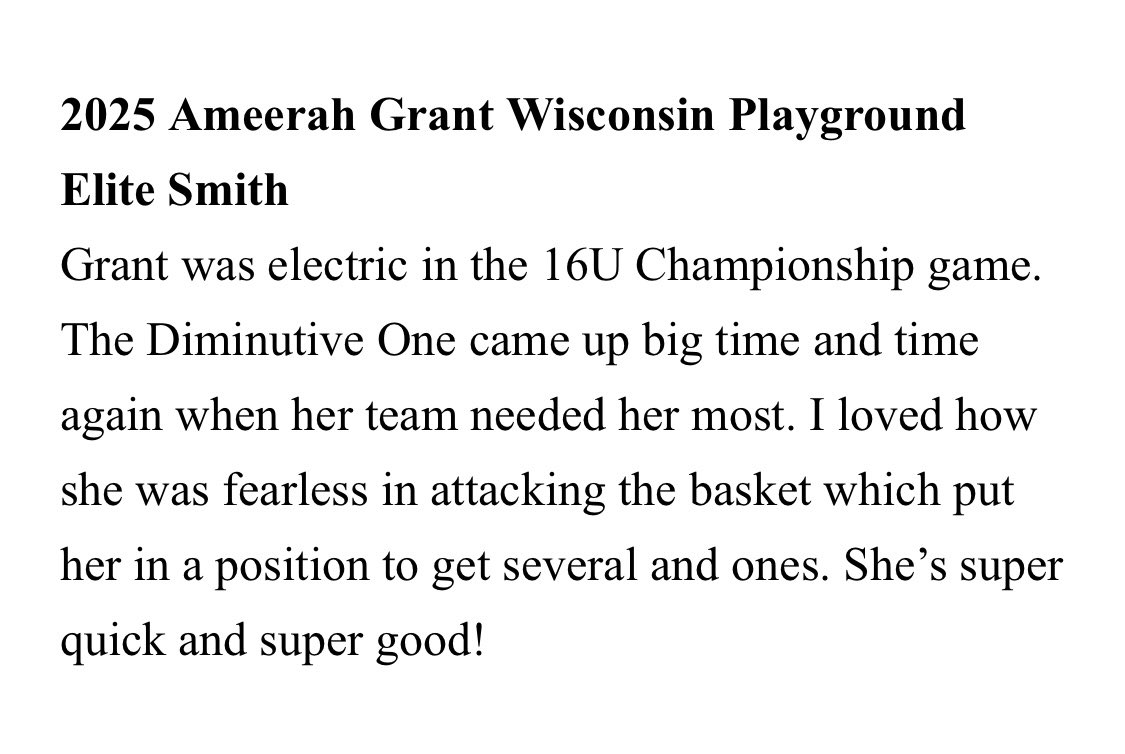 WIPGEGirls's tweet photo. 2025 Ameerah Grant
Wisconsin Playground Elite Smith https://t.co/Wmc1HMoJq2
