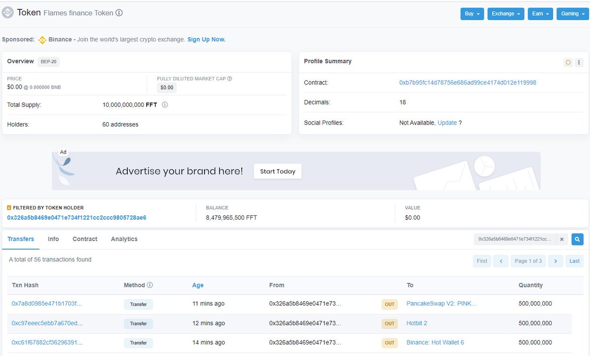 "Token Flames finance
Contract : 0xB7B95Fc14D78756e686AD99cE4174D012E119998
💰 Binance Holds 5% FFT
💰Hotbit Holds 5% FFT
💰Pinksale locked 5% of FFT"