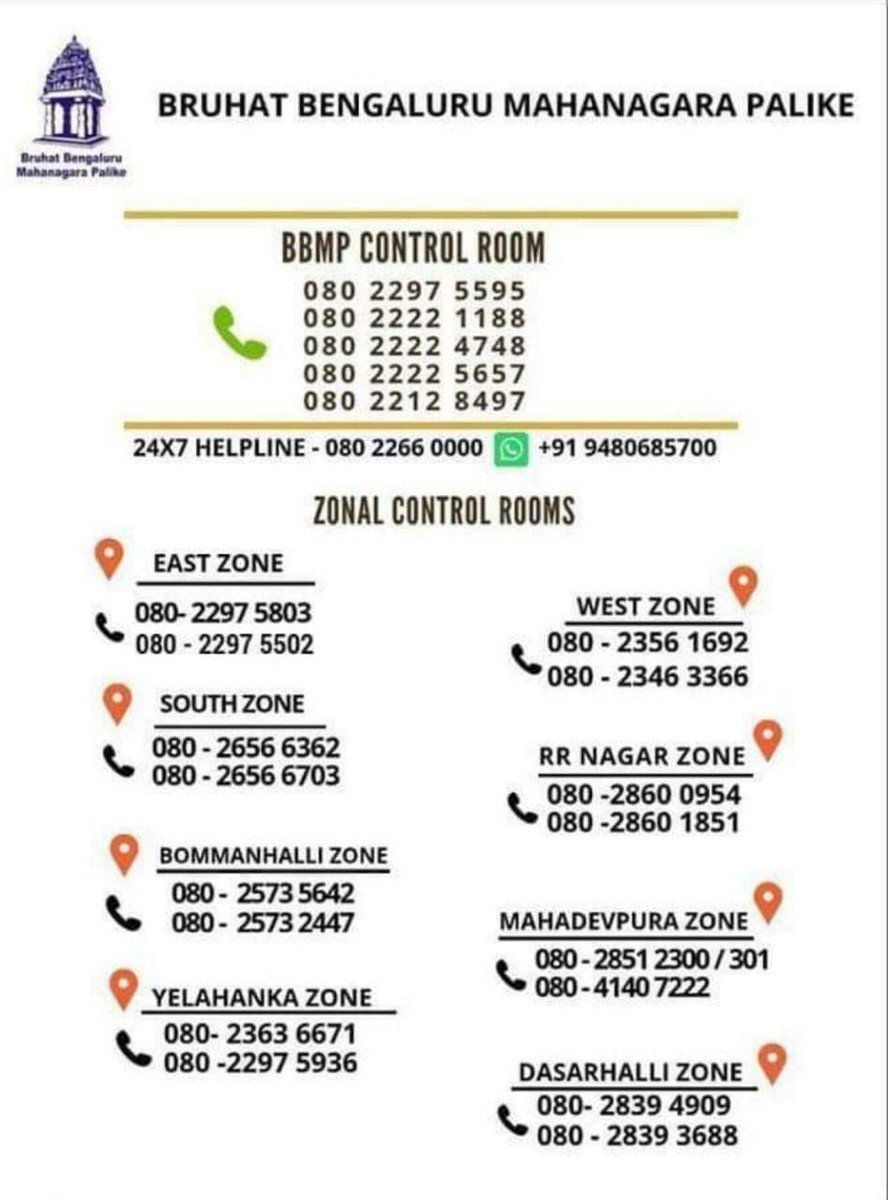 Many areas in Bengaluru witnessed heavy rainfall last evening. Please reach out to BBMP's control rooms incase of trees falls or any water blockage at road/junctions. Steps will be taken immediately to solve the problem.
