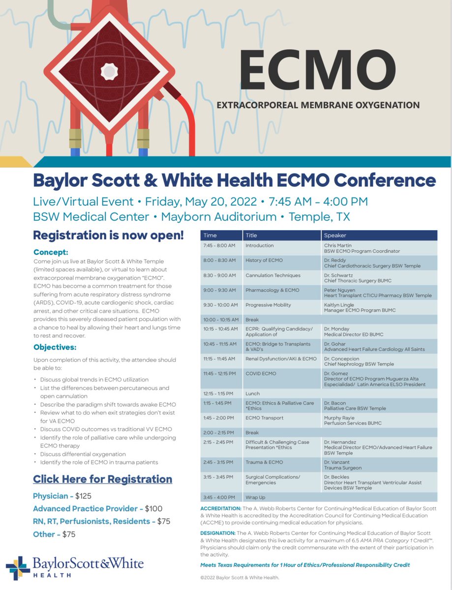 We are also excited to host the @bswhealth system annual #ECMO conference @bswhealth_Templ with regional @texasgov representatives @BSWTemple_CVdoc @bswhealth_DFW @bswhealth_ATX et al + legendary 🔑 note from 🇲🇽 🌎 leader @ELSOOrg Dr. Rene Gomez @CHRISTUSMUGUER2 💡