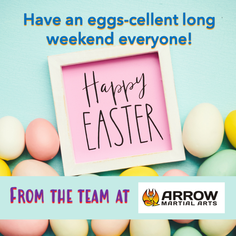 ArrowMartial's tweet photo. Happy Easter 2022 from the team at Arrow! 🐇
Have an eggs-cellent long weekend.
As a reminder, we are closed for classes Fri 15, Sat 16, Mon 18 Apr. Our adult classes resume Wed 20 Apr.
See you on the mats soon. https://t.co/ZXwFsRDOEX