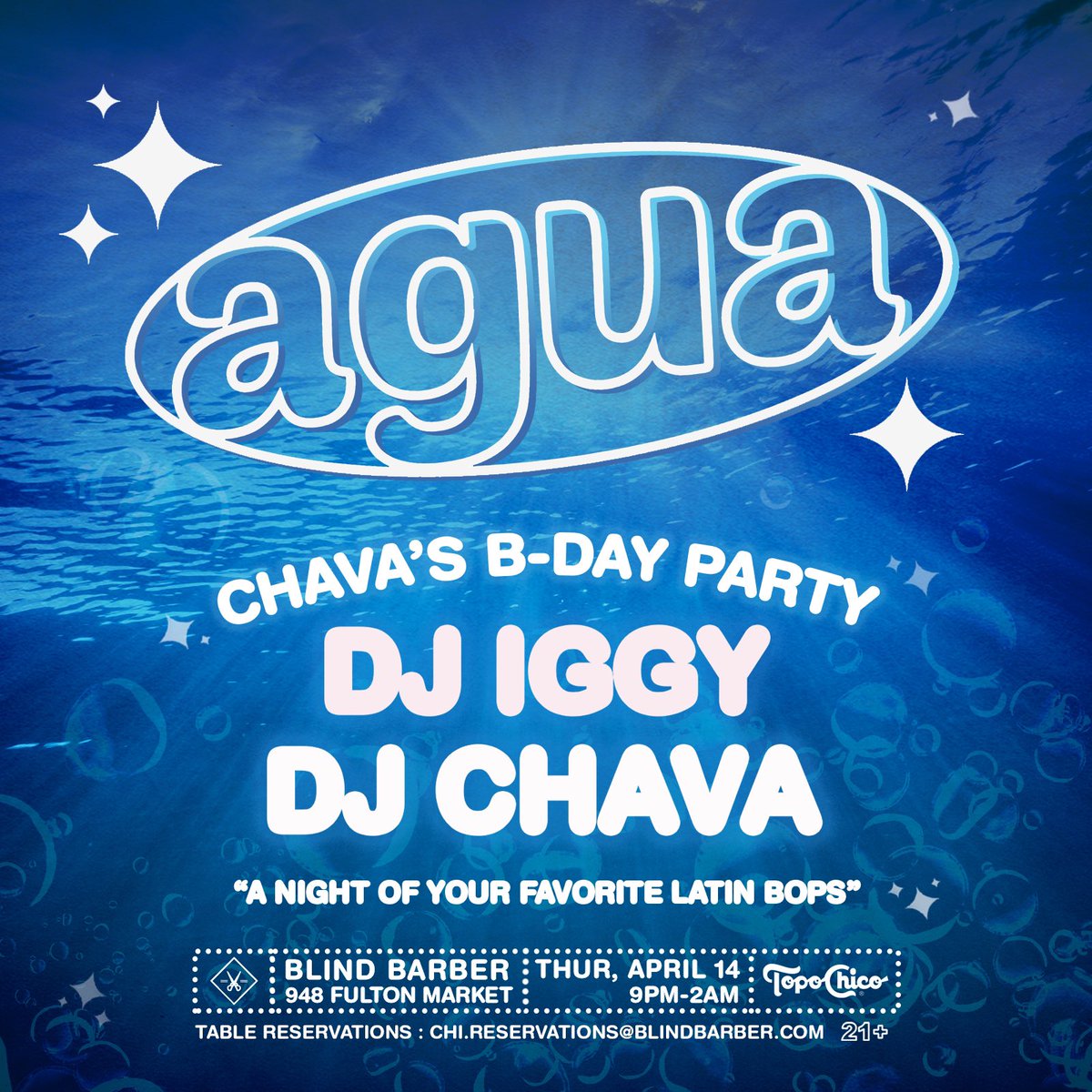 @AGUACHICAGO RETURNS TO @BLINDBARBER TONIGHT SPONSORED BY @TOPOCHICOUSA 💦💈✨
 
CELEBRATING DJ CHAVA’S B-DAY 🎉

DJ SETS BY @DJIGGY_ AND DJ CHAVA 💿🪩🔊

EARLY ARRIVAL SUGGESTED 🚨

9PM-2AM • 🆓 • 21+

TABLE RESERVATIONS : CHI.RESERVATIONS@BLINDBARBER.COM 🍾